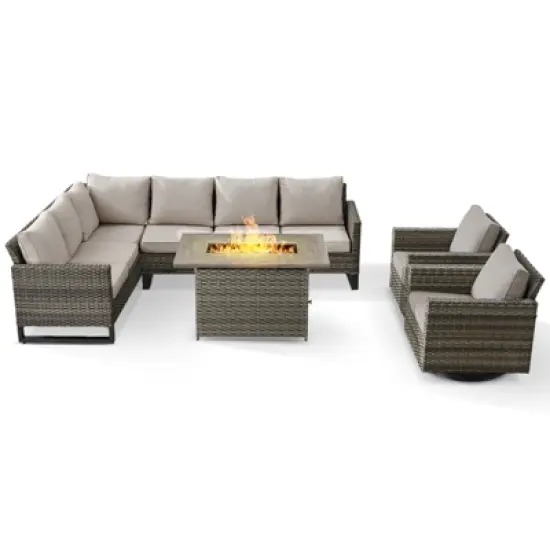 POCASSY L-Shaped Patio Sectional Sofa Set with Fire Pit Table, All Weather Gray Wicker Outdoor Furniture Set with Swivel Chair and Propane Fire Pit image {2}