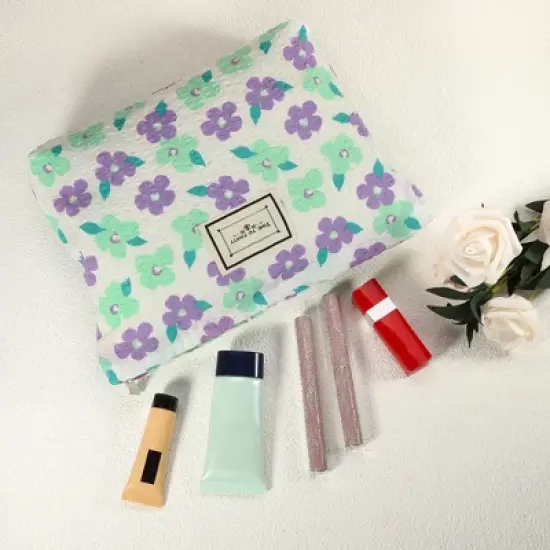 Unique Bargains Large Capacity Canvas Floral Makeup Bag Purple 10.63"x1.97"x8.46" 1 Pc image {3}