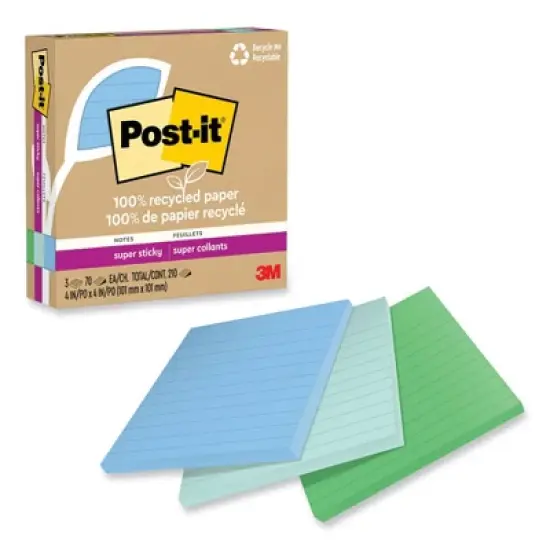 Post-it Notes Super Sticky 100% Recycled Paper Super Sticky Notes, Ruled, 4" x 4", Oasis, 70 Sheets/Pad, 3 Pads/Pack image {4}