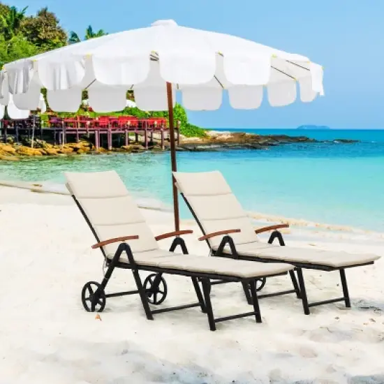 Tangkula 2PCS Folding Outdoor Rattan Chaise Lounge Chair Cushioned Recliner with Wheels& Cushions image {1}
