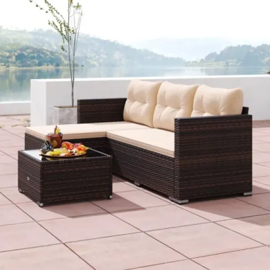 Costway 4 Seats Outdoor Wicker Furniture Set with Tempered Glass Coffee Table & Soft Cushions image {4}