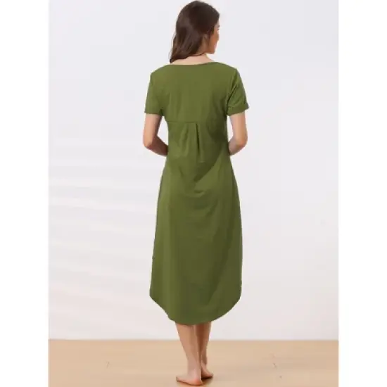 cheibear Women's V Neck Short Sleeve Long Nightgown Lounge Dress with Pocket image {2}