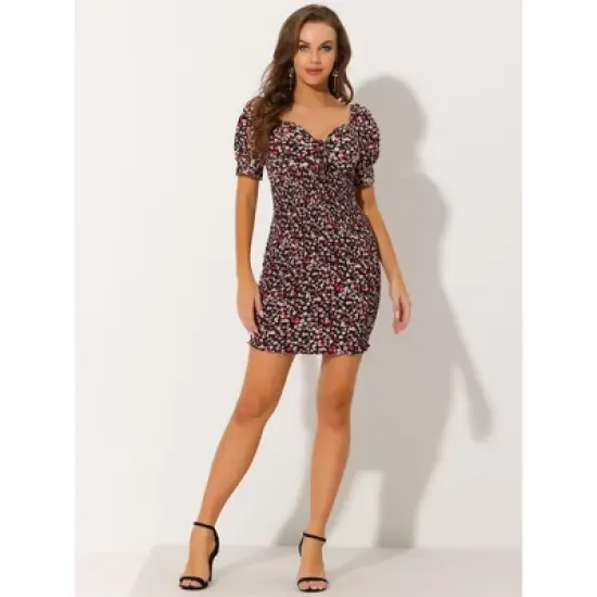 Allegra K Women's Puff Short Sleeve Sweetheart Neck Floral Smocked Bodycon Mini Dress image {2}
