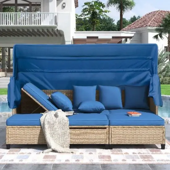 Sapphtopaz 4-Piece Wicker Outdoor Patio Sofa Set with Retractable Canopy, Modern Outdoor Sofa Set, Modular Sectional with Ottomans &  Lifting Table image {7}