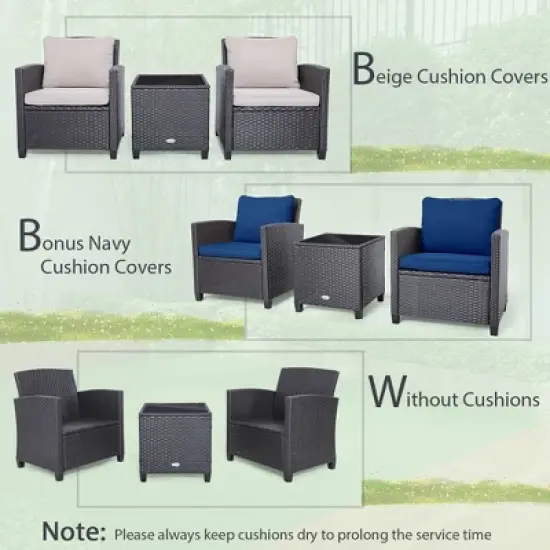 Costway 3PCS Patio Wicker Furniture Set with Beige & Navy Cushion Covers Balcony image {8}