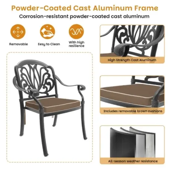 9-Piece Oval Cast Aluminum Outdoor Patio Dining Set with Swivel Chairs & Brown Cushions & Umbrella Hole image {10}