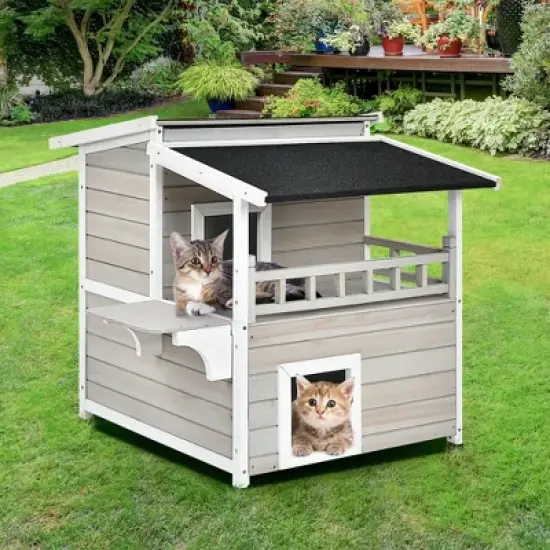 Costway 2-Story Wooden Patio Luxurious Cat Shelter House Condo w/ Large Balcony image {2}
