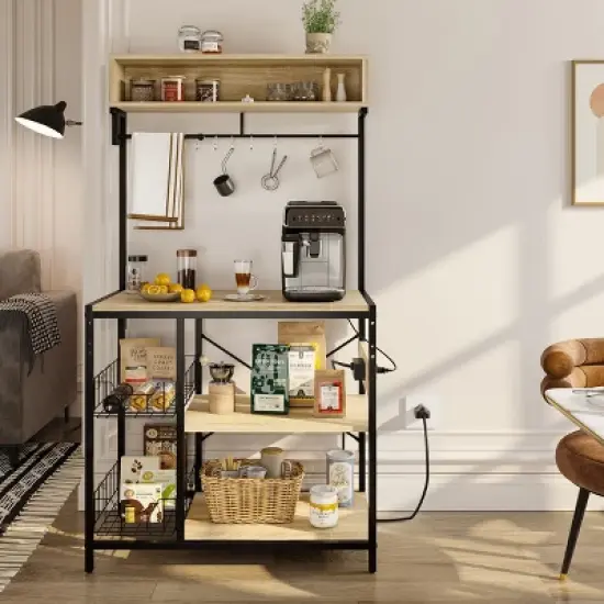 Bestier 65" Bakers Rack with Power Outlets, 5-Tier Kitchen Storage Shelves, Microwave Stand with 2 Wire Basket & 10 Hooks image {9}
