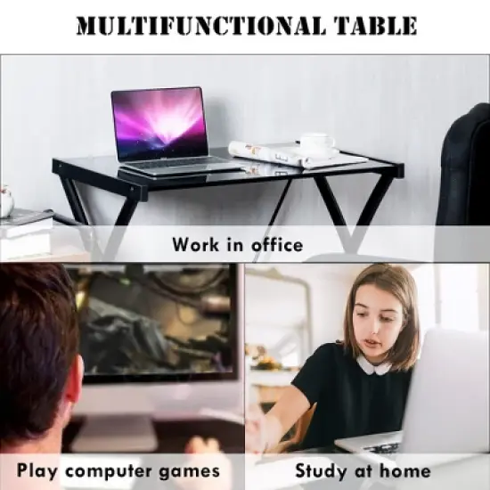Costway Glass Top Computer Desk Laptop Writing Study Workstation Z-Shaped Metal Frame image {7}