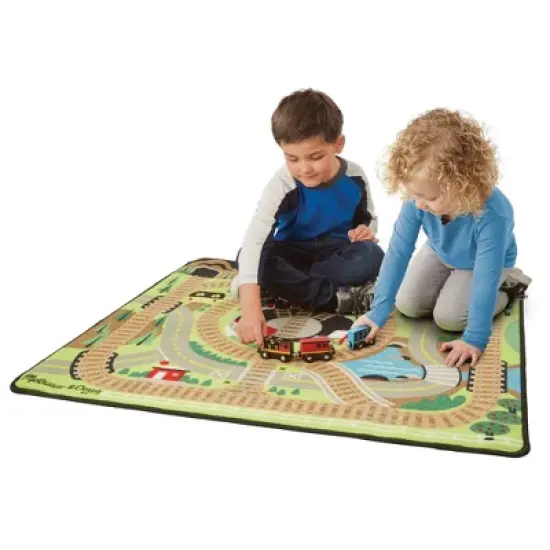 Melissa & Doug Round the Rails Train Rug With 3 Linking Wooden Train Cars  (39 x 36 inches) image {2}
