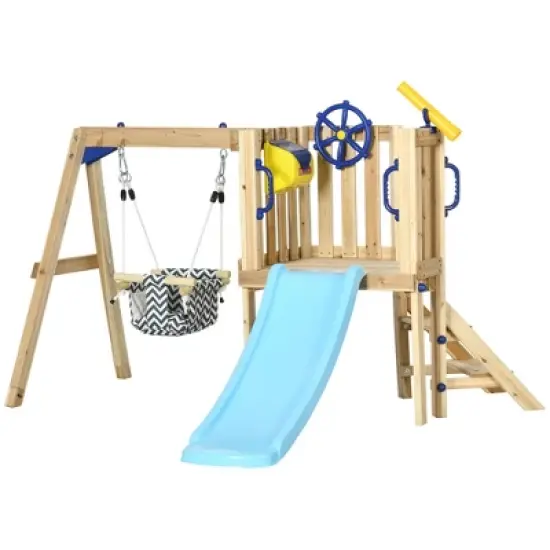 Outsunny Wooden Outdoor Playset with Baby Swing Seat, Toddler Slide, Wheel, Telescope, Backyard Playground Set, Kids Playground Equipment, Ages 1.5-4 image {3}