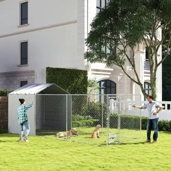 Resenkos Dog House, Pet House,Dog Cave,Galvanized Chain Link Large Outdoor Dog Kennel with Waterproof & UV-Resistant Cover Silver image {1}