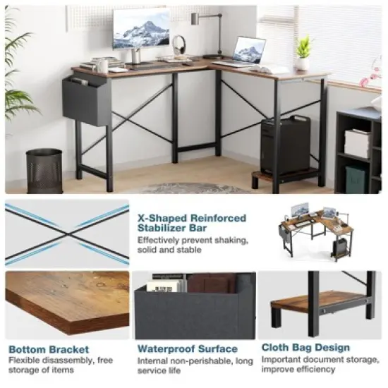 INFURNIC Desks L Shaped Gaming Desk, Reversible L-Shaped Standing Desk with CPU Compartment  Wooden Corner Computer Table, Brown, 50"*18.11"*29.53" image {3}