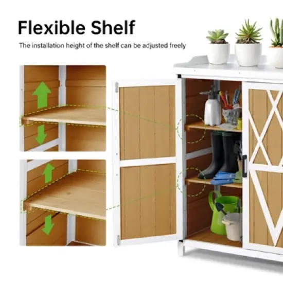 Potting Bench, Outdoor Garden Work Bench with Metal Top - Waterproof Storage Cabinet for Backyard, Patio, Wood Color image {4}