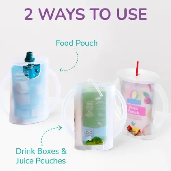 Flipping Holder Food Pouch Holder No Squeeze, flips over to hold drink boxes and juice pouches, easy grip handles and lid (Pink) image {3}