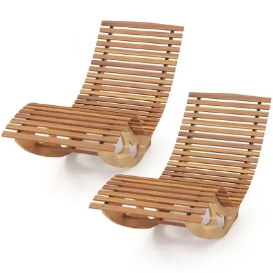 Tangkula 2PCS Outdoor Chaise Lounge Acacia Wood Rocking Sun Lounger with Slatted Backrest and Seat Wooden Rocker Lounge Chair image {9}