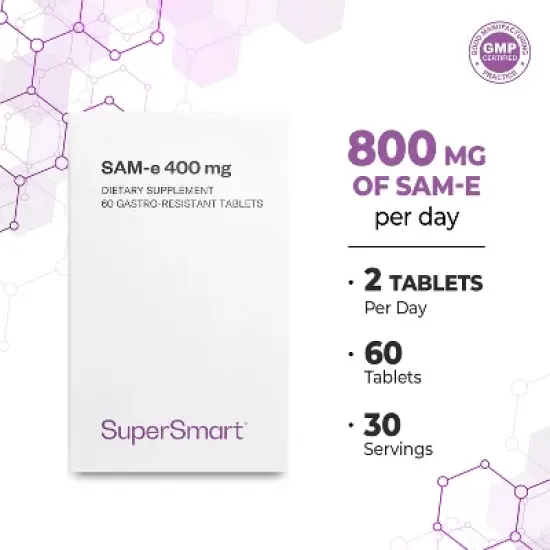 SuperSmart SAM-e 400mg (80% Active Isomer S,S) - Advanced S-Adenosyl Methionine SAM-e Supplement | Non-GMO & Gluten Free - 60 Enteric Coated Tablets image {3}