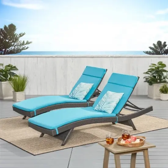 Salem Set of 2 Gray Wicker Adjustable Chaise Lounge - Blue - Christopher Knight Home: UV & Weather-Resistant, Iron Frame image {4}