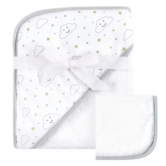 Hudson Baby Infant Cotton Hooded Towel and Washcloth 2pc Set, Gray Clouds, One Size image {1}