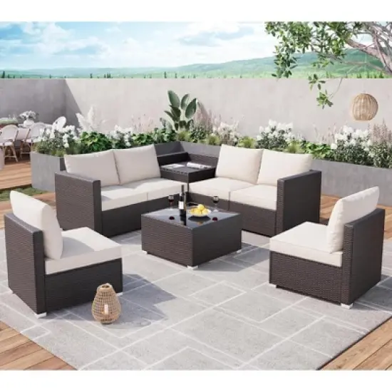 8 Pieces Outdoor Patio Furniture Set, Wicker Rattan Sectional with 4" Cushions, Glass Table & Hidden Storage Box, Brown image {2}