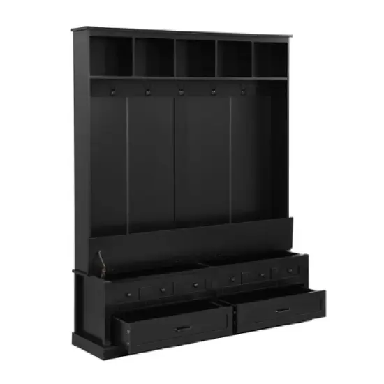 TiramisuBest Retro Farmhouse Hall Tree Bench with 5 Hooks, Lift-Top Storage & 2 Drawers - Entryway Organizer for Mudroom/Living Room (Black) image {9}