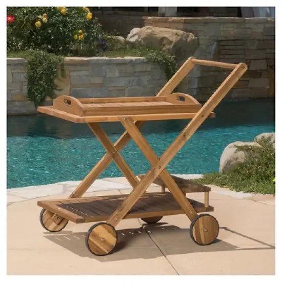 Riviera Acacia Wood Patio Bar Cart With Tray - Natural - Christopher Knight Home image {2}