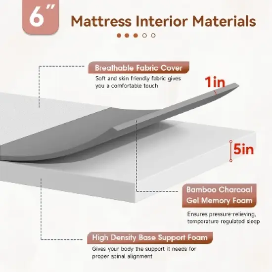 FDW 6 inch Bamboo Charcoal Memory Foam Mattress Cooling Gel Infused CertiPUR-US Certified Breathable Bed Mattress for Cooler Sleep,White image {3}