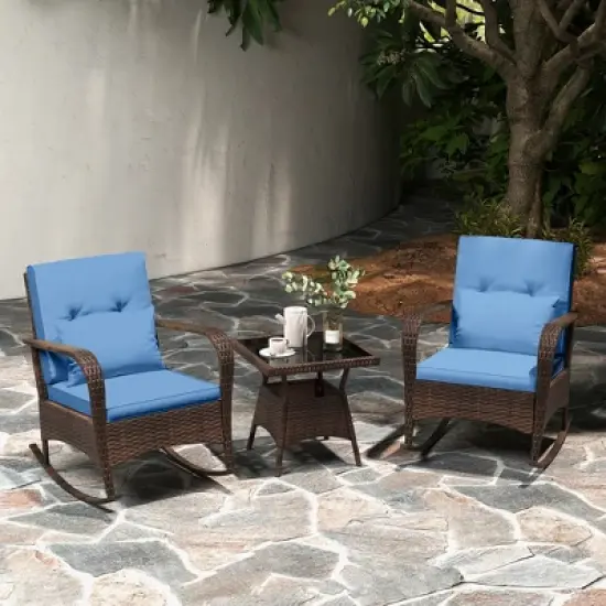 Tangkula 3 Piece Outdoor Rocking Set Rattan Rocker Chairs w/ Tempered Glass Coffee Table image {1}