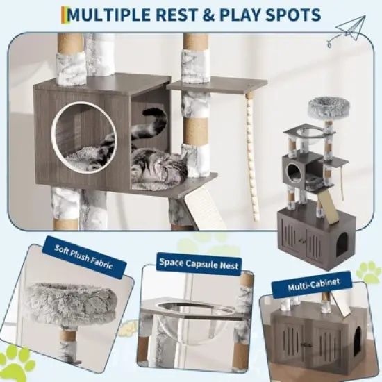 67 Inch Cat Litter Box Enclosure with Cat Tree Tower, Condo with Perch & Scratching Posts - Plush Nest, Multi-Tier Play & Rest image {6}