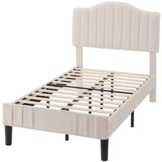 VECELO Bed Frame, Upholstered Platform Bed with Soft Teddy Fabric Adjustable Headboard, Beige/Gray image {4}