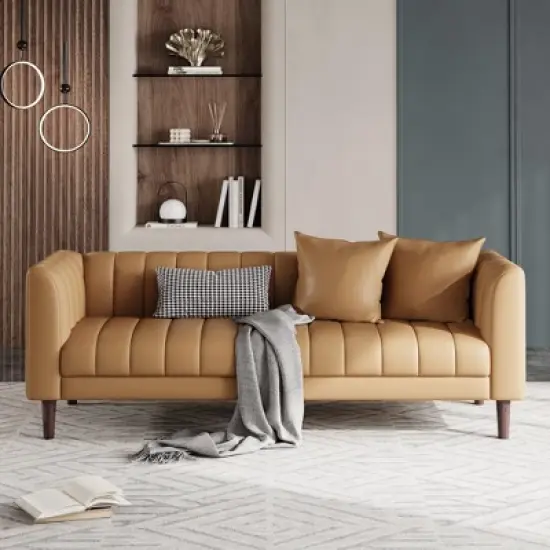 Faux Leather Sofa Couch, Modern 78" W Sofa with Deep Seats, 3 Seater Sofa Couch with 2 Throw Pillows and Wood Legs image {8}