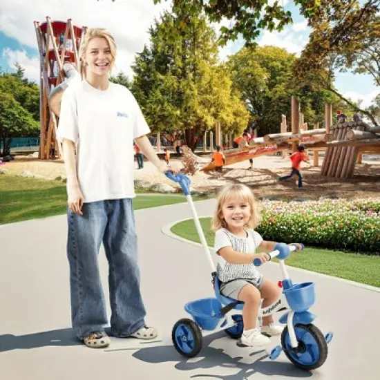 Topteng Kid Steer and Stroll Trike - Blue: Adjustable Handlebar, Steel Frame, Front & Back Basket image {1}