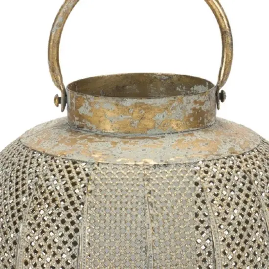 HomeRoots 9" Bronze And Green Distressed Lattice Metal Tabletop Lantern Candle Holder image {3}
