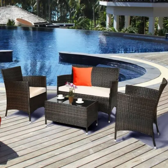 Costway 4PCS Patio Wicker Furniture Set Sofa Chair with Brown & Grey Cushion Covers Garden image {1}