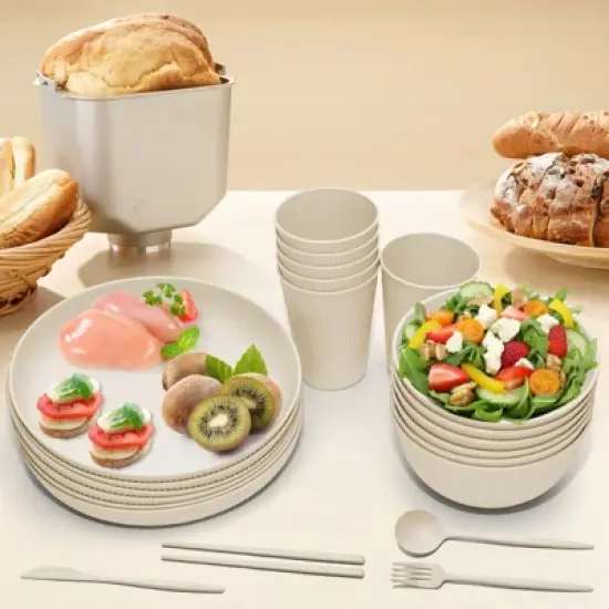 Itopfox Wheat Straw Dinnerware Sets - 42 Piece Unbreakable Plates, Bowls, Cups & Utensils for 6, Lightweight & Durable, Dishwasher & Microwave Safe image {4}