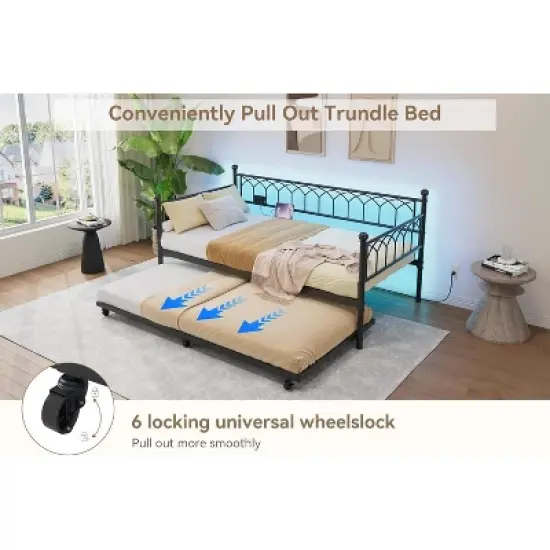 Twin Size Daybed with Pop-Up Trundle & LED Lights, Pull Out Bed with Charging Station and Pull Out Turundle, Metal Sofa Bed Frame for Living Room image {5}