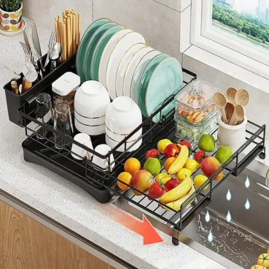 MaseiKar Expandable Dish Drying Rack, Stainless Steel Dish Drainer with Drainboard, Rustproof over Sink Drying Rack with Utensil Holder, Black image {7}