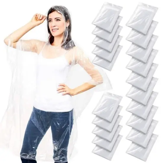 Juvale 20 Pack Disposable Rain Ponchos Family Pack, Emergency Ponchos with Hood, Clear Plastic, One Size Fits All image {8}