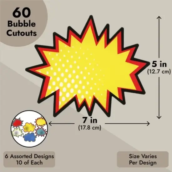 Juvale 60 Pack Superhero-Themed Bulletin Board Decorations for Classroom Decor, Comic Book Bubble Cutouts, 5x7 In image {6}