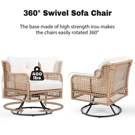 FIONECA 4-Piece Patio Furniture Set with Swivel Chairs, Outdoor Rattan Sofa Conversation Set for 5 People with Cushions & Coffee Table, Beige image {4}