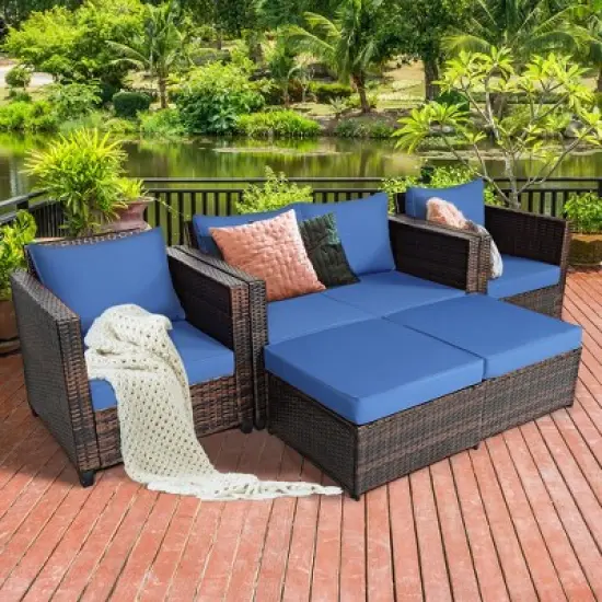 Costway 5PCS Patio Rattan Furniture Set Loveseat Sofa Ottoman Cushioned Red\White image {12}