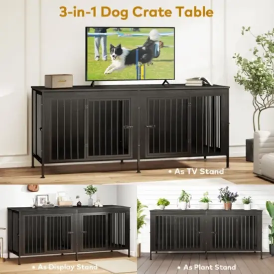 XBRIGH 78/63 Inch Dog Cage Furniture,  Double Doors Dog Kennel Furniture with Removable Divider, Thick Wooden Dog Crate Furniture for 2 Medium Dogs image {5}