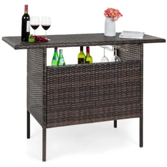 Best Choice Products Outdoor Patio Wicker Bar Counter Table w/ 2 Steel Shelves, 2 Sets of Rails image {8}