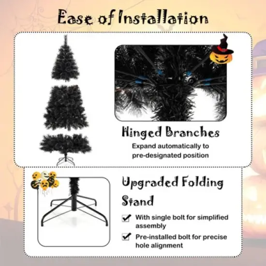 Tangkula 8/7/6 FT Black Artificial Halloween Tree Pre-lit Hinged Full Xmas Tree w/ Branch Tips Pine Needles Cold White LED Lights image {7}