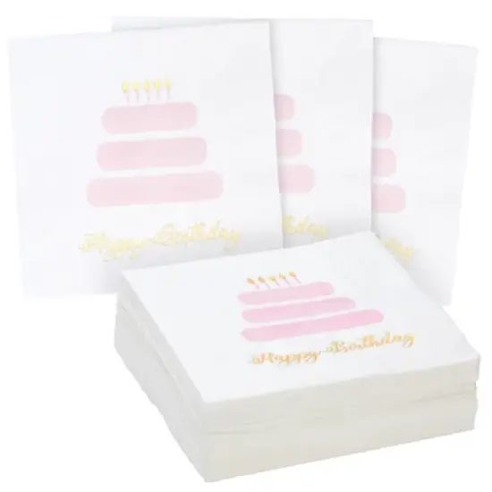Blue Panda 50 Pack Light Pink Happy Birthday Cocktail Napkins with Gold Foil Accents, 3-Ply, 5 x 5 In image {7}