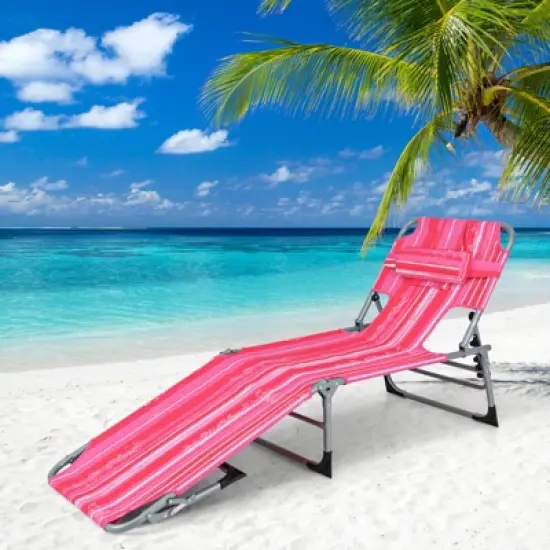 Tangkula Lounge Chair Beach Chair w/ Face Arm Hole Detachable Pillow Adjustable Backrest Side Pocket Outdoor Folding Chaise Sunbathing Chair Hot Pink image {1}