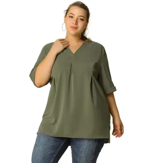 Agnes Orinda Women's Plus Size Casual Solid V Neck 1/2 Sleeve Tunic image {3}