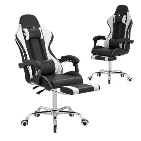 VECELO Reclining Gaming Chair, Faux Leather Adjustable Height Ergonomic Gaming Chair with Footrest & Lumbar Support, Black image {11}
