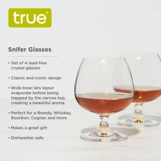 True Snifter Glasses Brandy Bowls, Cognac Balloon Glass for Bourbon, Whiskey, Whisky, Scotch, Stemmed cocktail glass set, 14 Ounce, Crystal, Set Of 4 image {1}
