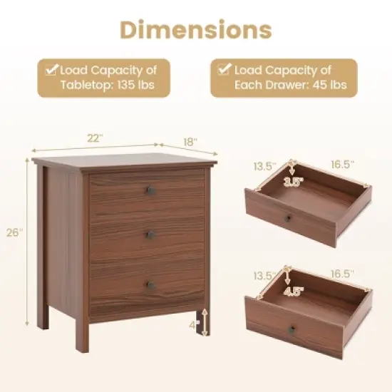 Tangkula 3-Drawer Nightstand Wooden Bedside Table Modern Side End Table Walnut image {8}